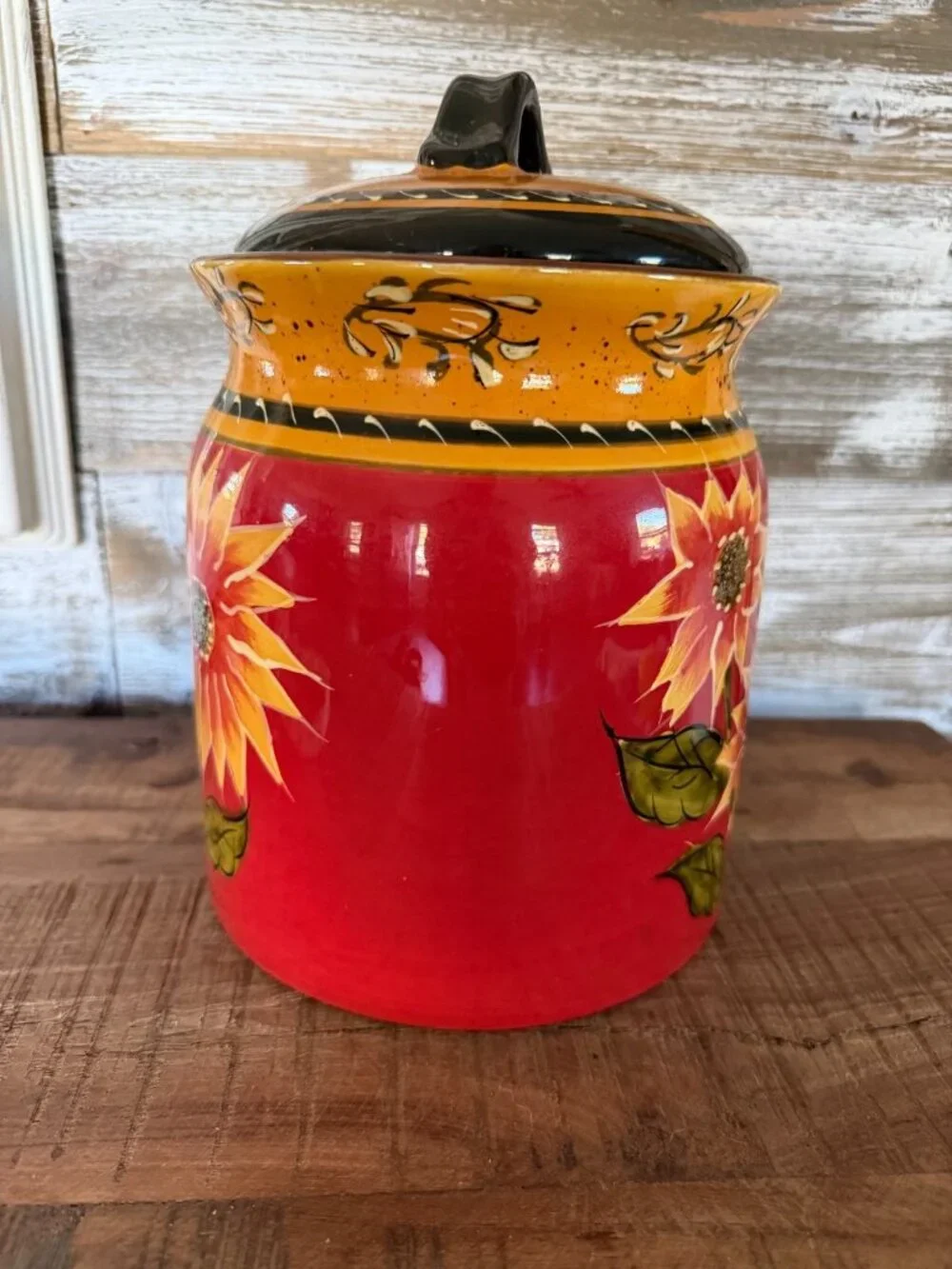 Pier 1 Imports  SUNFLOWER Terracotta Hand Painted Lidded Cookie Jar Canister
